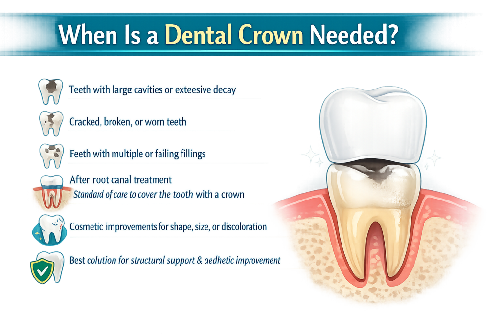 Dental crown illustration showing when a porcelain crown is recommended for decayed, cracked, worn, or root canal-treated teeth and for cosmetic smile improvements.