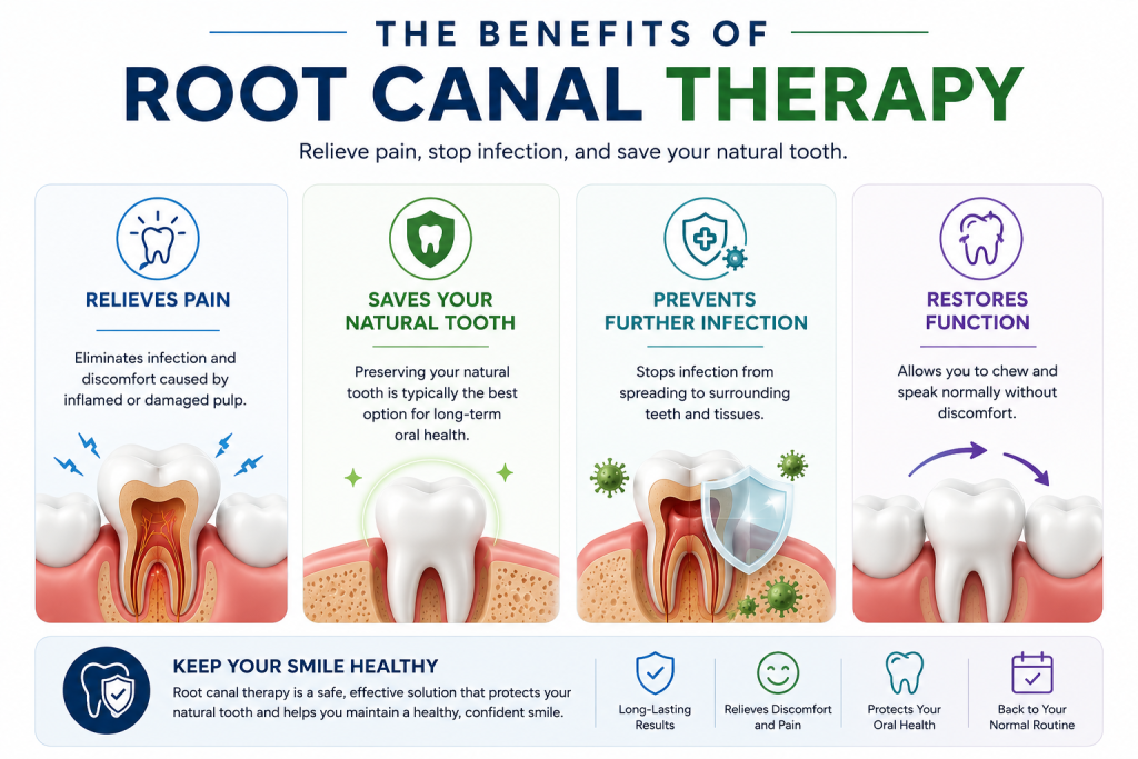Infographic showing the benefits of root canal therapy, including pain relief, saving a natural tooth, preventing further infection, and restoring normal chewing function.