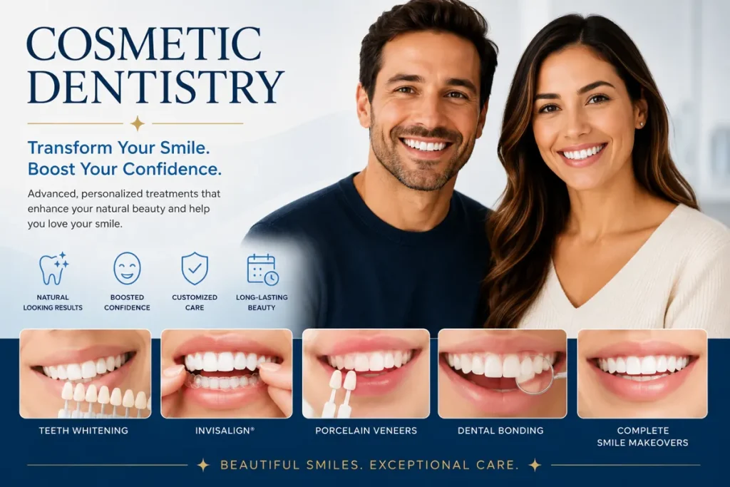 Cosmetic dentistry in Tysons Corner featuring smile makeover treatments including teeth whitening, Invisalign, porcelain veneers, dental bonding, and complete smile transformations.