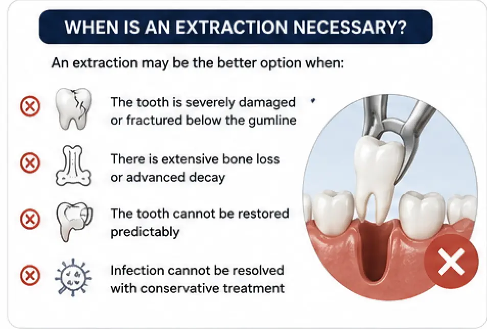 Infographic explaining when a tooth extraction may be necessary, including severe tooth damage, extensive bone loss, non-restorable teeth, and infections that cannot be resolved with conservative treatment.