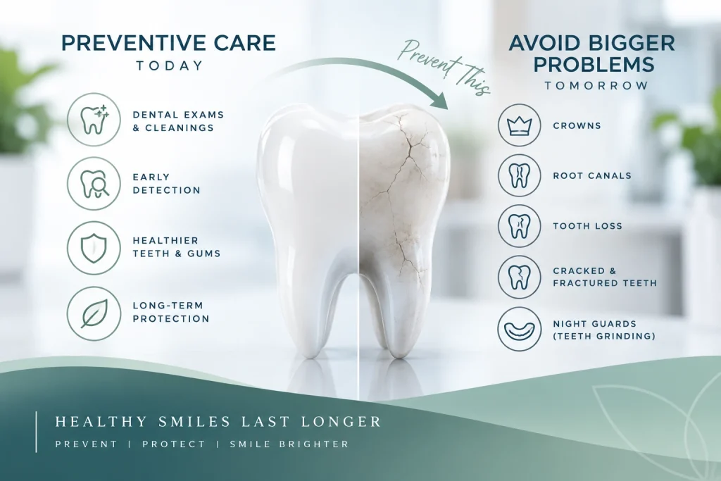 Preventive dental care infographic showing how dental exams, cleanings, and early detection can help prevent crowns, root canals, tooth loss, cracked teeth, and damage from teeth grinding.