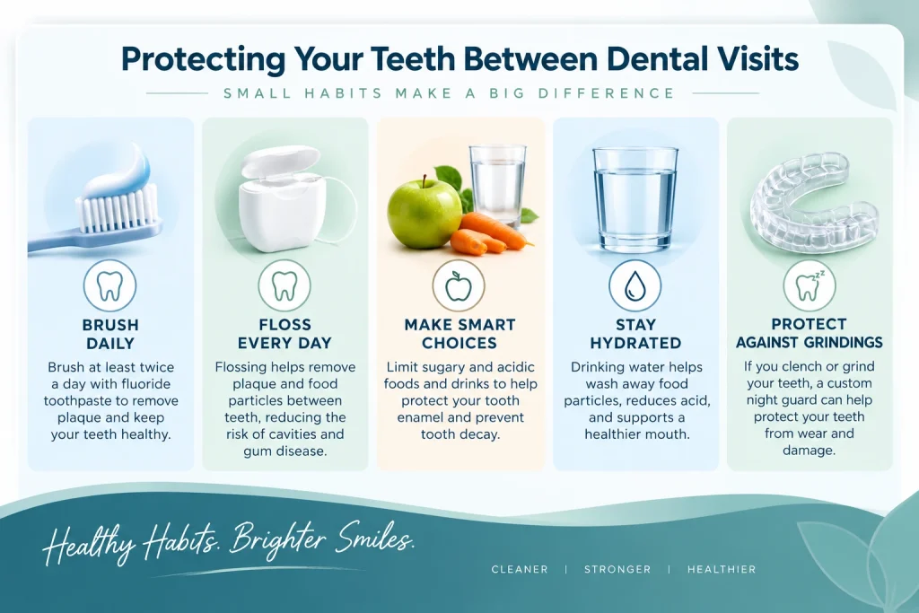 Preventive dental care tips for protecting your teeth between dental visits, including brushing, flossing, healthy food choices, hydration, and night guards.
